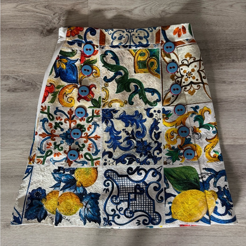 Dolce & Gabbana Majolica Lemon Mediterranean Tile Print Silk Skirt ALTERED SzMED - Picture 9 of 16